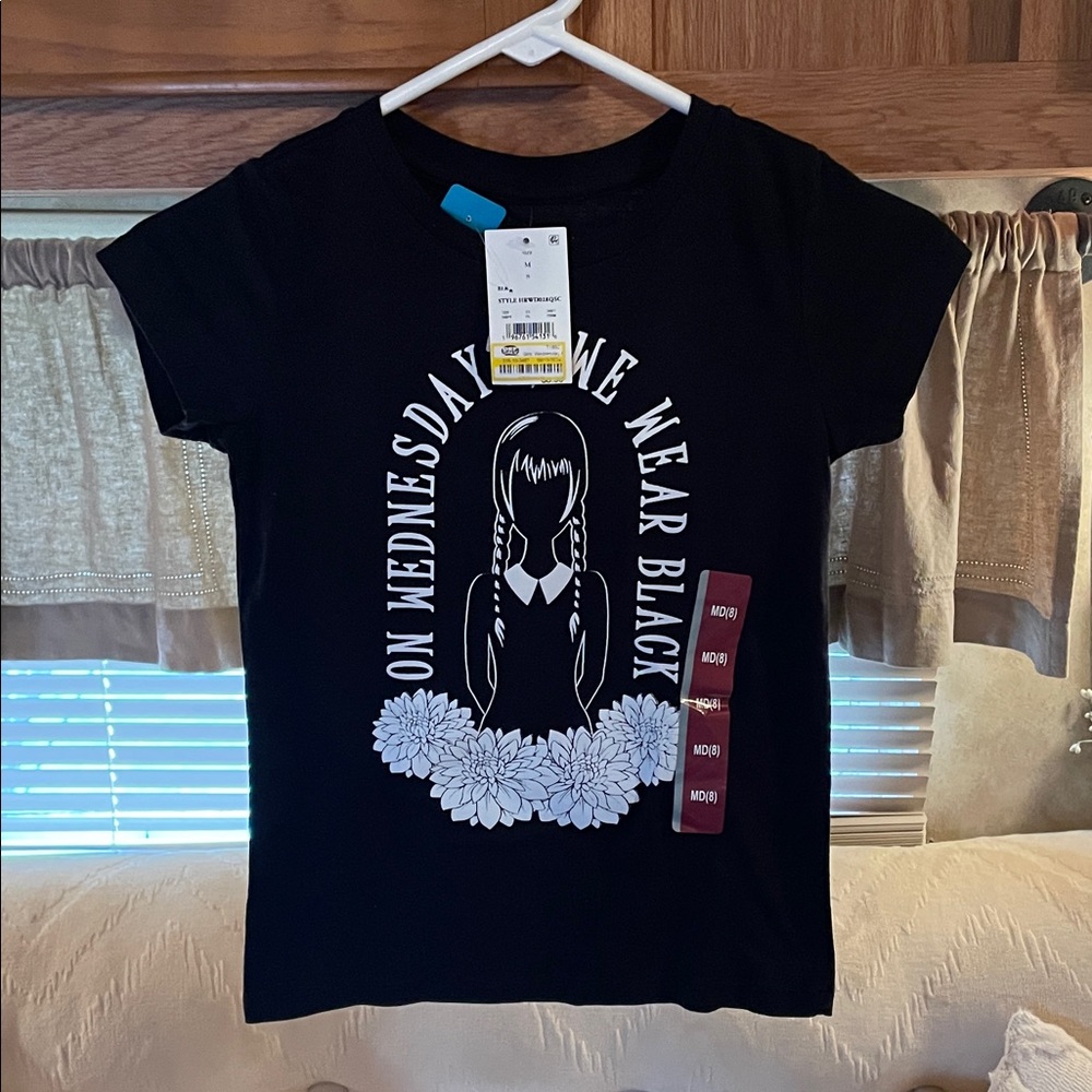 Black Graphic Short Sleeve Tee - 'On Wednesday We Wear Black', Sz 8 girls
